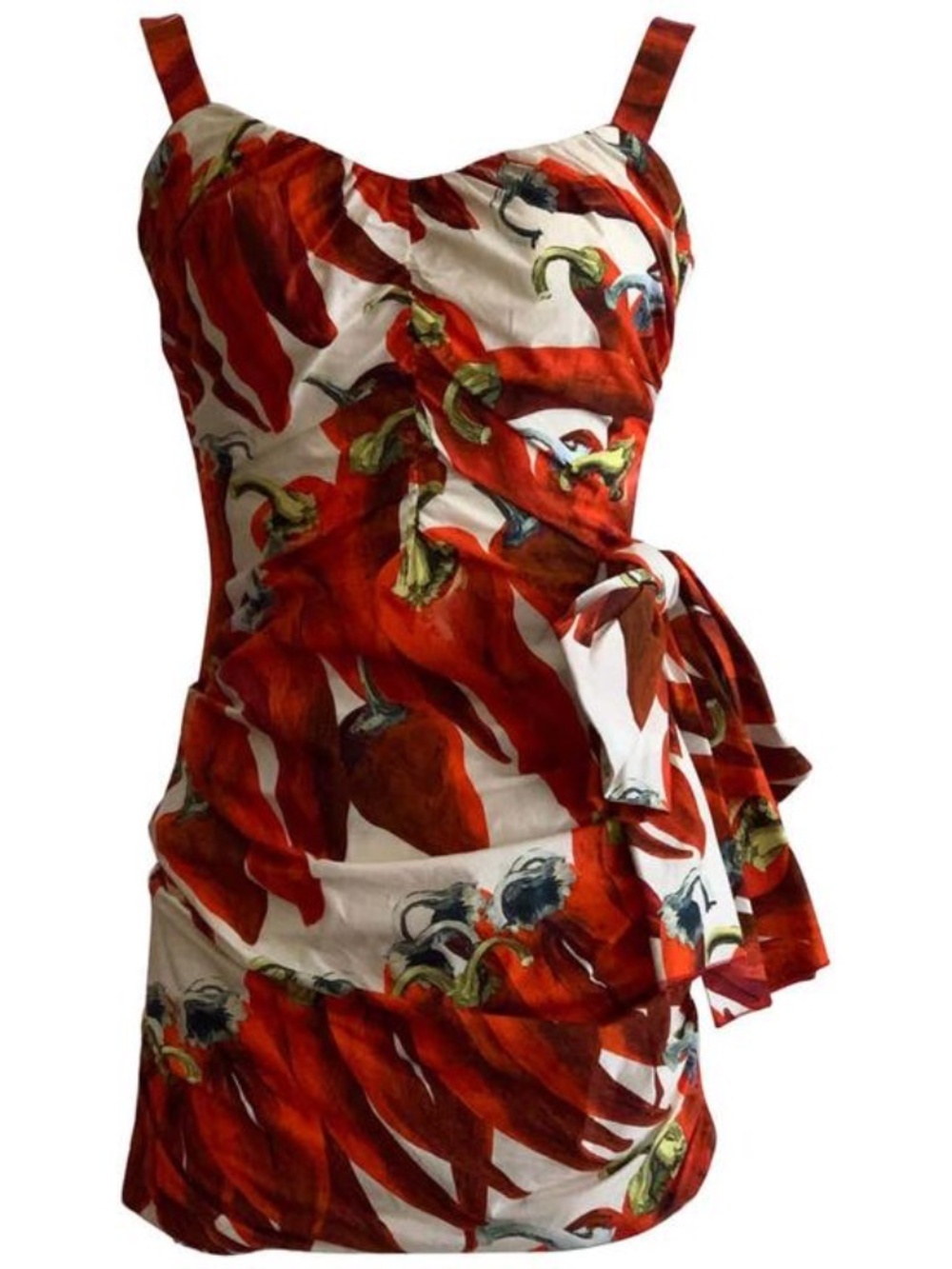 Red chili pepper print ruched mini dress featuring a side bow accent